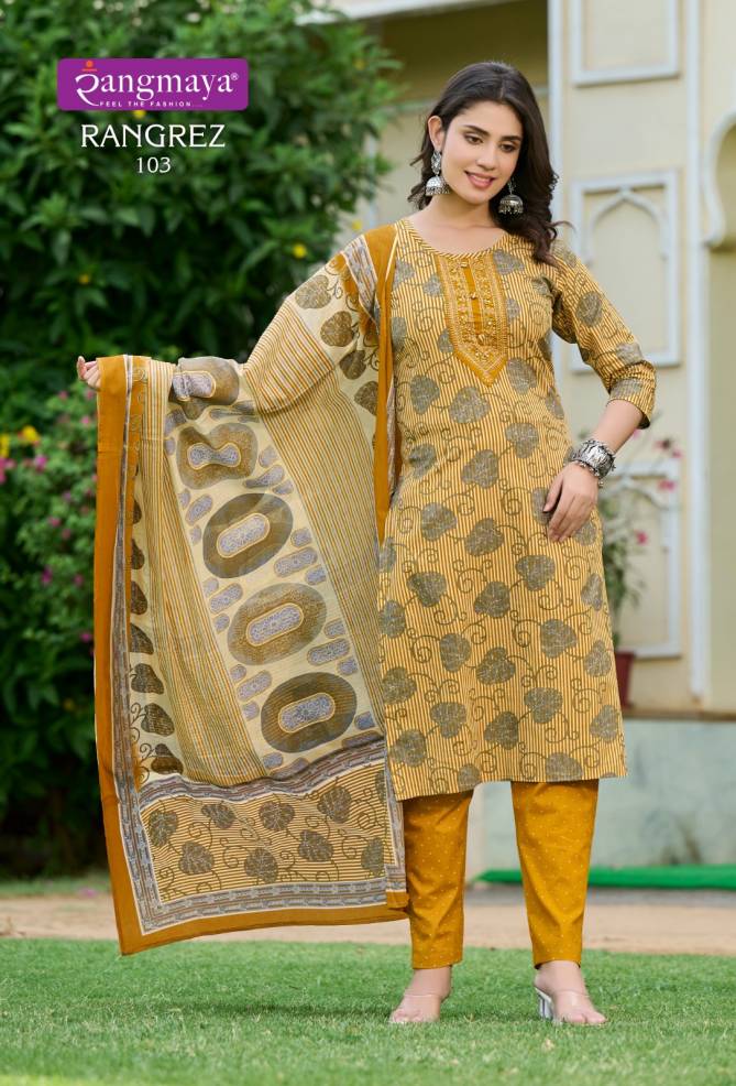 Rangrez By Rangmaya Printed Cotton Embroidery Kurti With Bottom Dupatta Wholesale Shop In Surat
